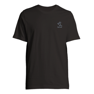 Black unisex T-shirt with small bird graphic on chest
