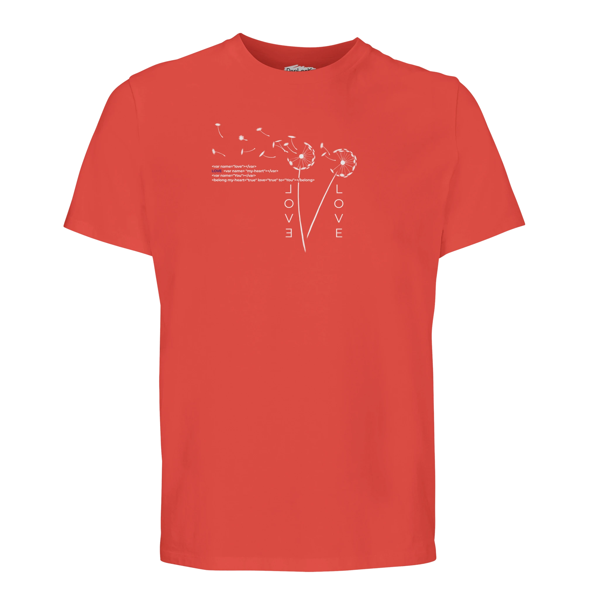 Coral red crew-neck organic T-shirt with small Love graphic print on chest