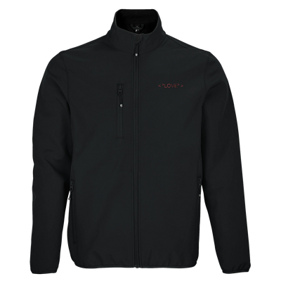 Men's black softshell jacket with full-zip stand collar and visible Love chest logo
