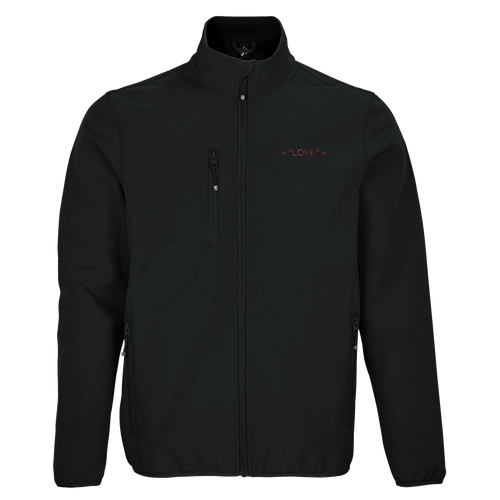 Men's black softshell jacket with full-zip stand collar and visible Love chest logo