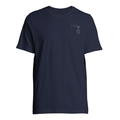 Unisex T-shirt in dark navy blue with small chest graphic, crew neck short sleeves