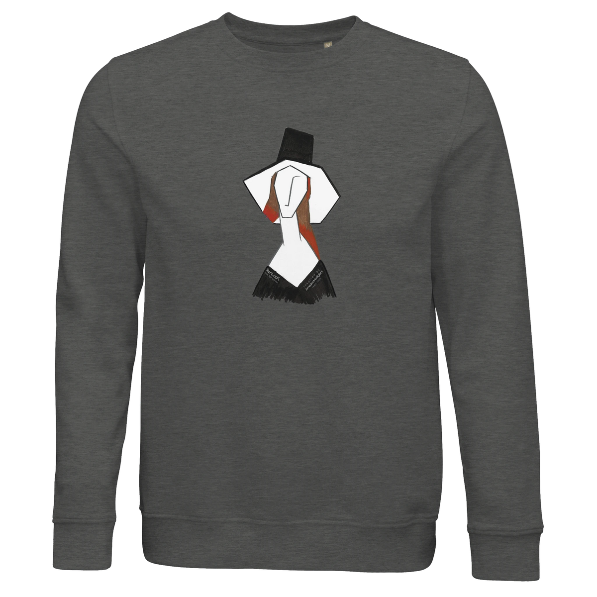 Unisex charcoal gray sweatshirt with front graphic print, crew neck and long sleeves