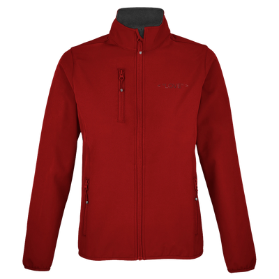 Women's softshell jacket back view, red full-zip with stand collar and side zip pockets