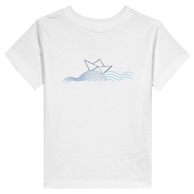 Toddler t-shirt in white with blue waves and sailboat graphic