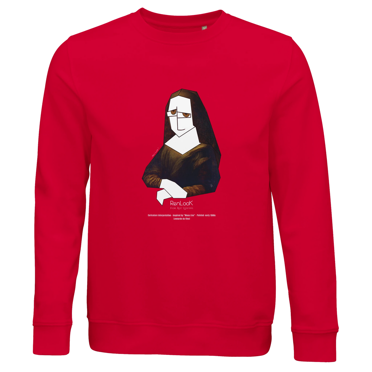 Unisex red sweatshirt with Mona Lisa portrait graphic print at chest