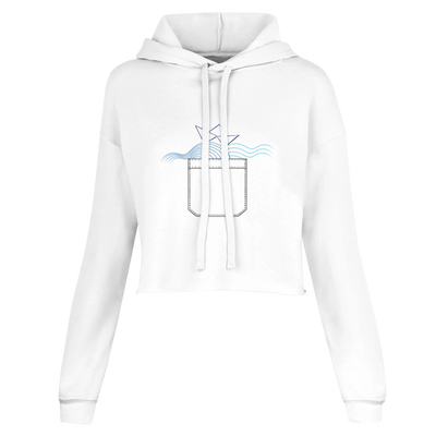 White cropped hoodie with hood, drawstrings, front pocket, and blue graphic print