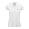 Women's white polo shirt, short sleeves, button placket, small chest logo