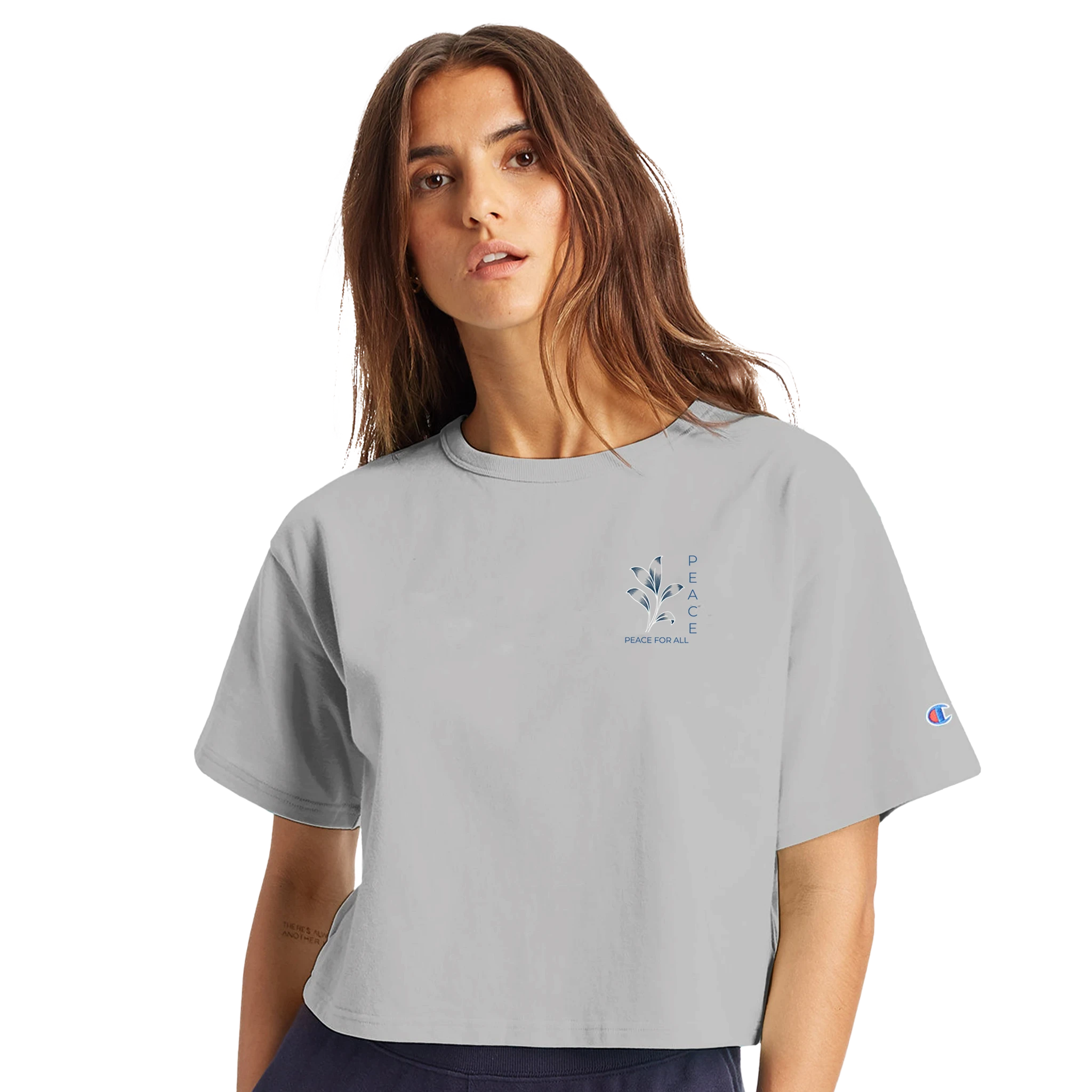 Women’s cropped heritage t-shirt in light gray, small chest graphic and sleeve logo