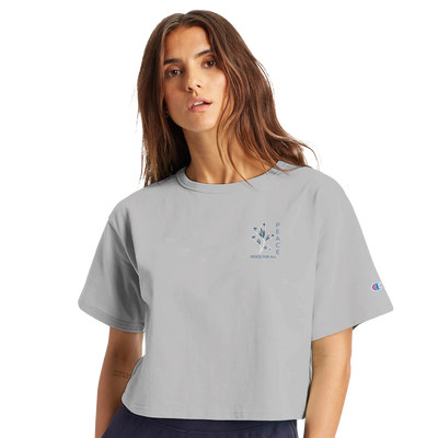 Women’s cropped heritage t-shirt in light gray, small chest graphic and sleeve logo