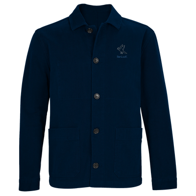Deep blue unisex organic jacket with button front, two front pockets, and long sleeves