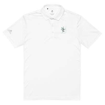 White polo shirt with green embroidered peace emblem on the left chest