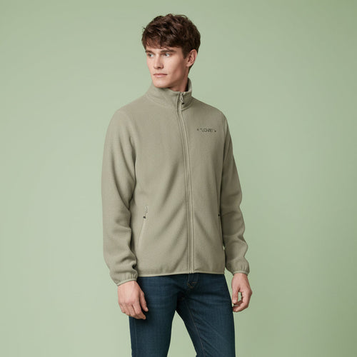 Men's microfleece jacket, light rope beige, model wearing front zip-up.