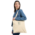 Natural canvas tote bag with Peace emblem and bold front text