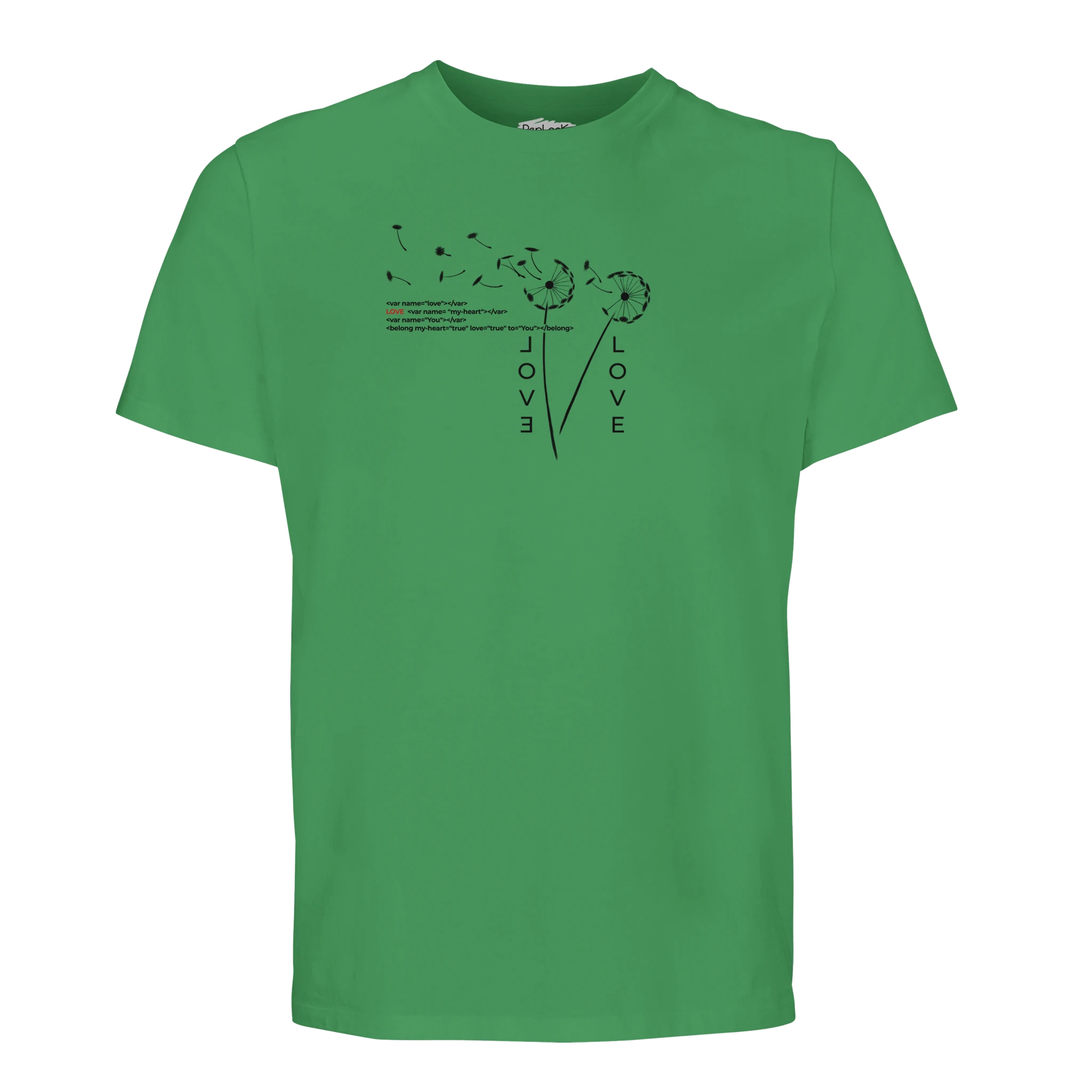 Green crew-neck organic T-shirt with small Love graphic print on chest