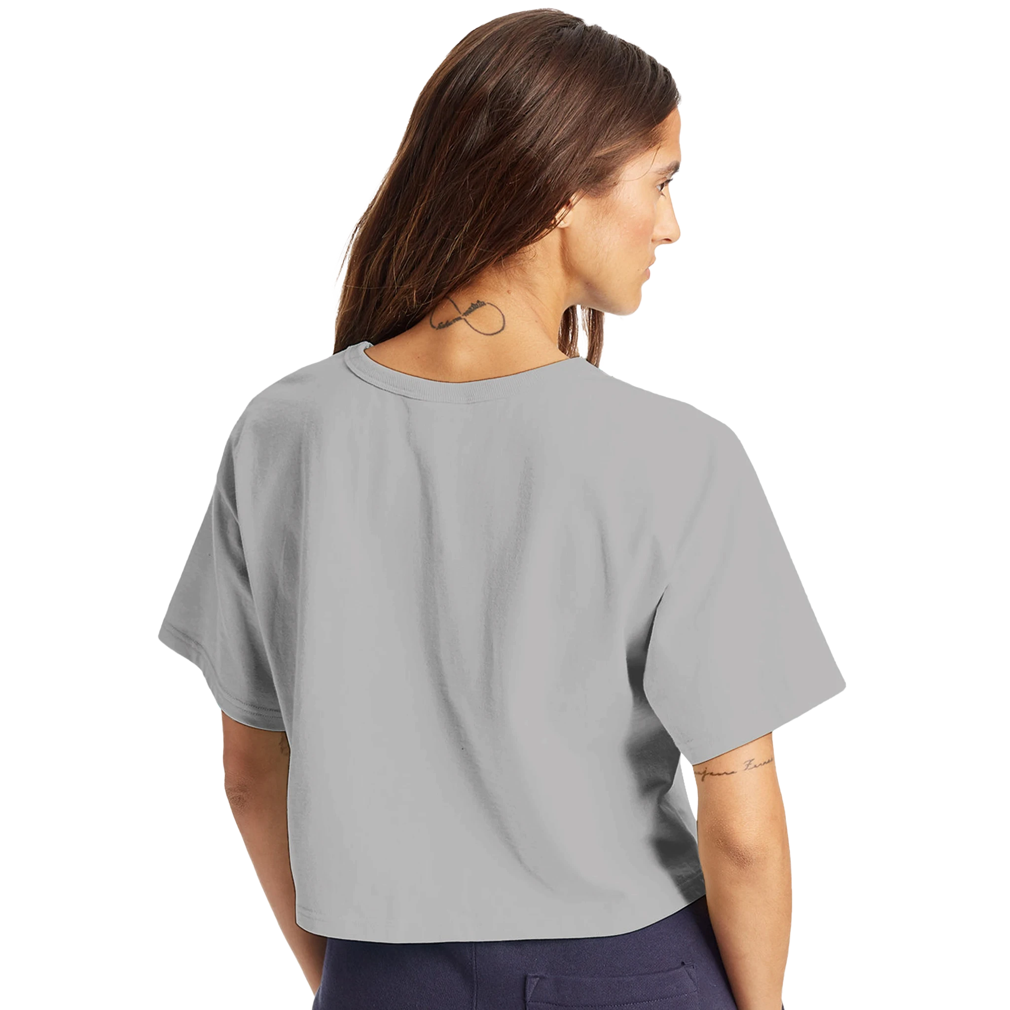 Women’s cropped heritage t-shirt in light gray, back view with no visible front graphic