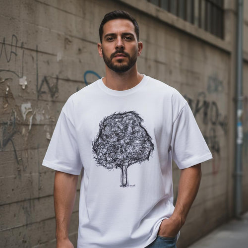 Men's oversized white T-shirt with tree graphic front print