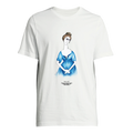 White T-shirt with centered blue graphic print of a woman holding hands, crew neck.