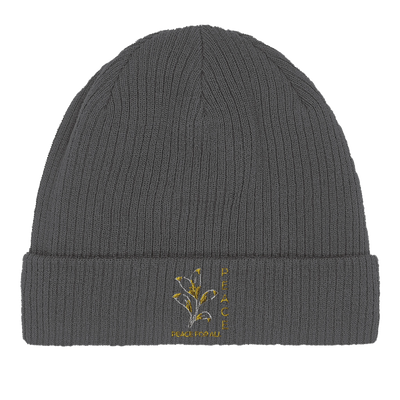 Organic cotton beanie, graphite gray knit with embroidered peace logo