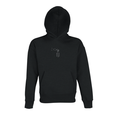 Black unisex oversized hoodie with hood and small chest graphic, front kangaroo pocket
