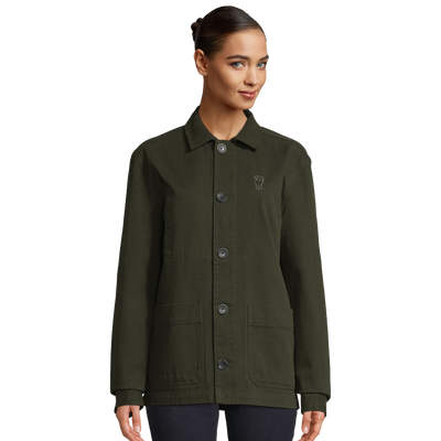 Unisex jacket in deep khaki green with button-front and four front pockets