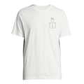 Women's t-shirt in white with small line feminist symbol graphic at left chest.