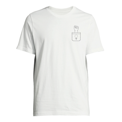 Women's t-shirt in white with small line feminist symbol graphic at left chest.
