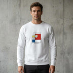 White unisex sweatshirt with Piet Mondrian-style framed geometric print
