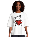 Women’s oversized organic T-shirt, white, bear holding red heart graphic