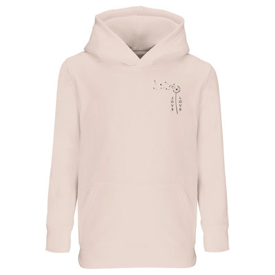 Light cream kids hoodie with hood, kangaroo pocket, and love graphic