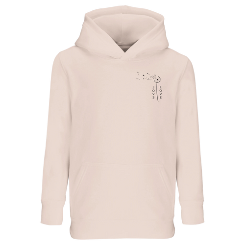 Light cream kids hoodie with hood, kangaroo pocket, and love graphic