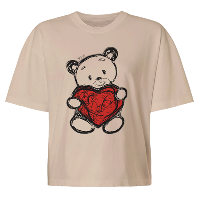Women’s cropped T-shirt, cream, teddy bear with red heart graphic