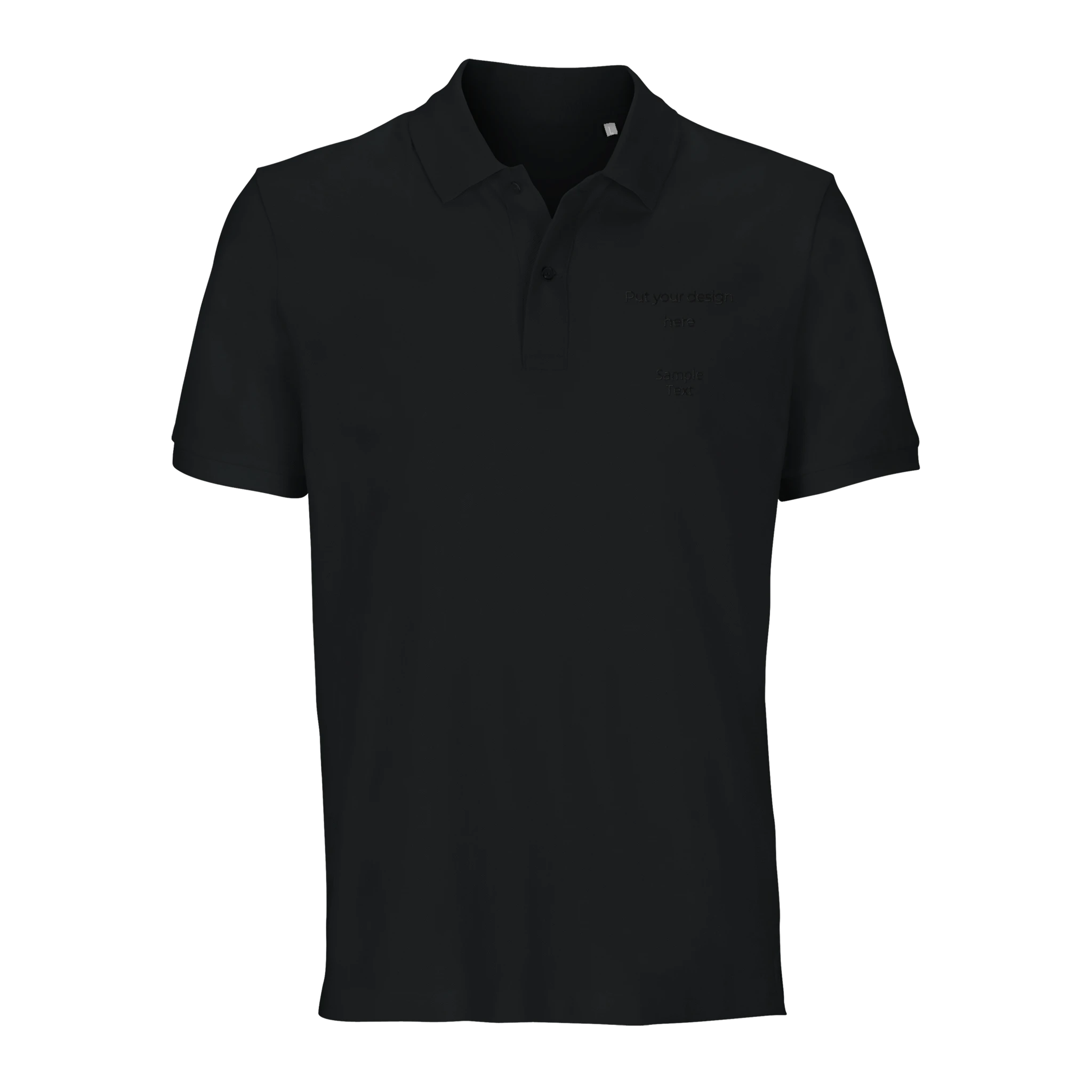 Carbon black unisex organic polo shirt with collar, button placket, and custom design text