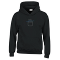 Kids pullover hoodie, black with front hood and kangaroo pocket, small chest graphic