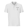 White unisex organic polo shirt with collar, button placket, and custom design text