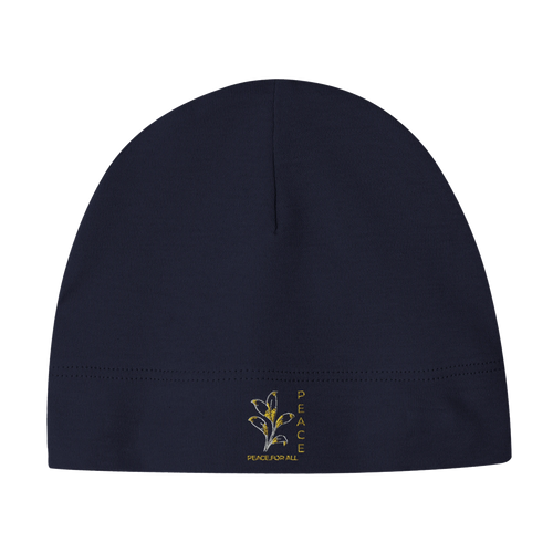 Navy baby hat with PeaceForAll leaf logo