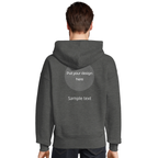 Unisex oversized grey melange hoodie with hood up, custom print on back