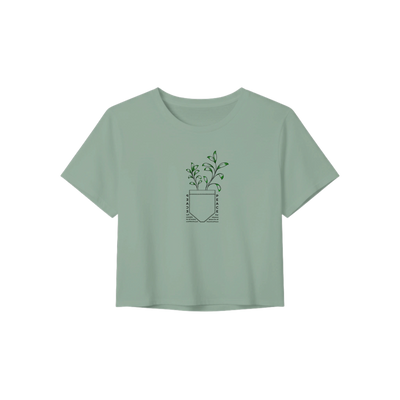 Light mint cropped T-shirt with potted plant line-art graphic on front