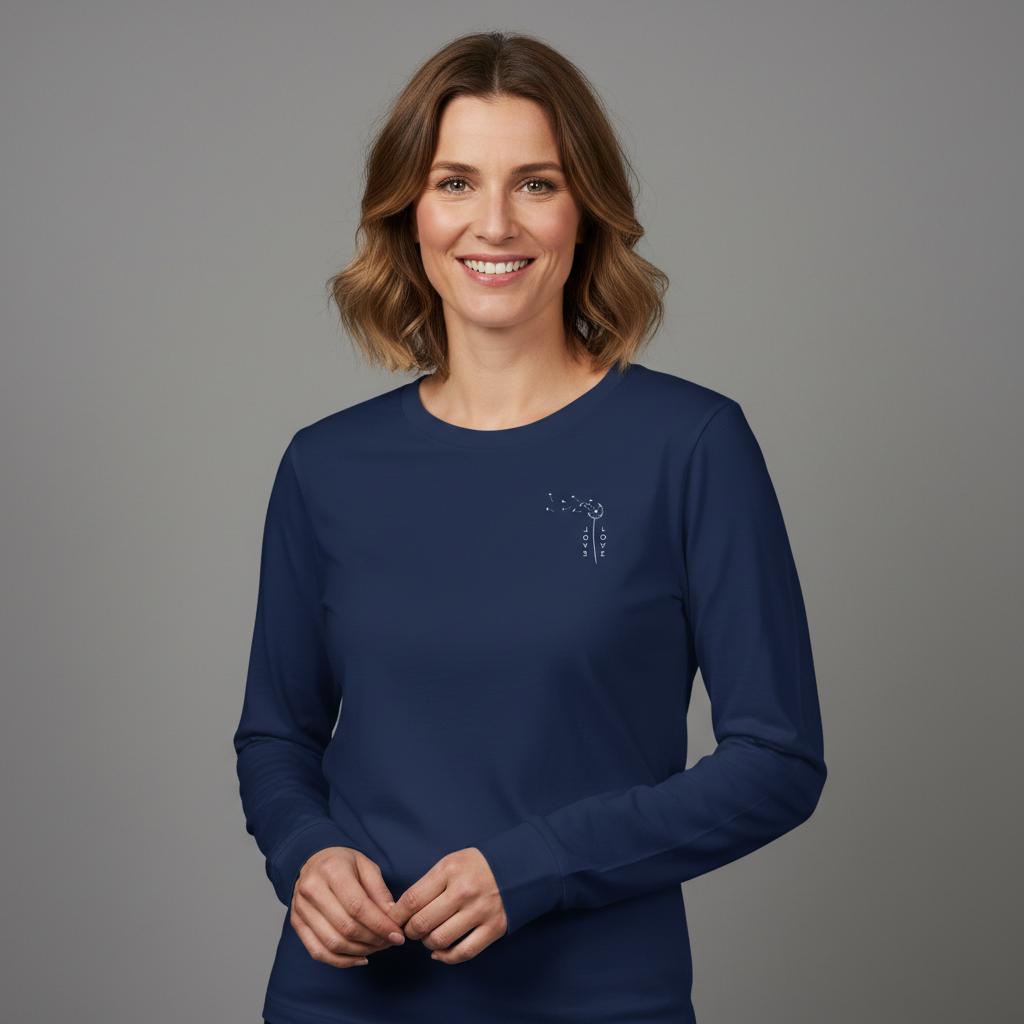 Navy unisex long-sleeve shirt with small chest graphic, crew neck