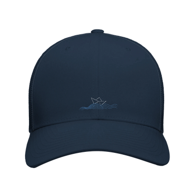 Navy retro trucker cap with boat embroidery on the front panel