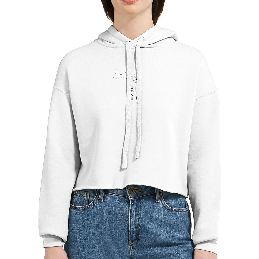 Cropped white women's hoodie with drawstring hood and long sleeves