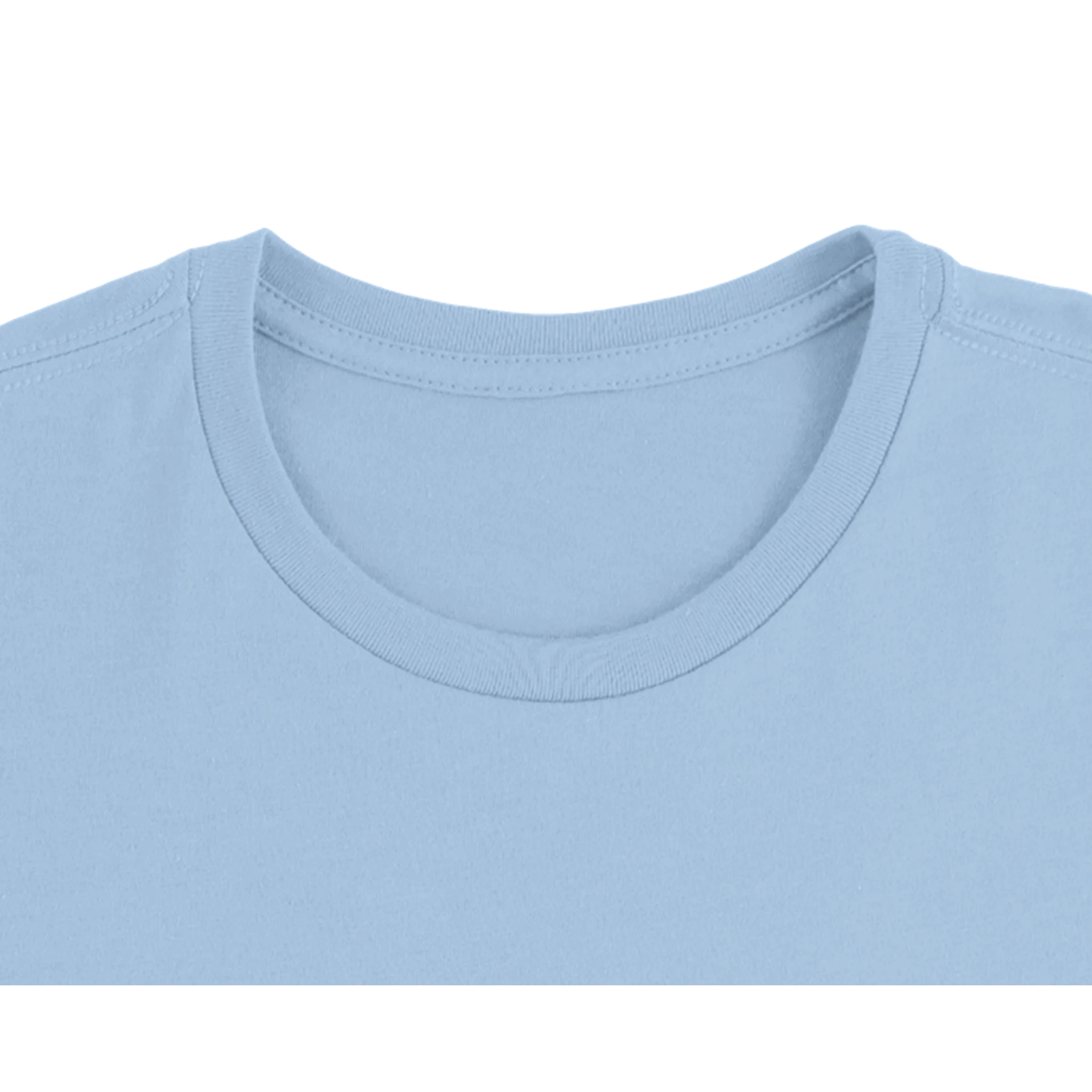 Light blue crewneck T-shirt neckline close-up with ribbed collar