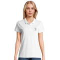Women's polo shirt, white, short sleeves, button placket, embroidered chest logo.