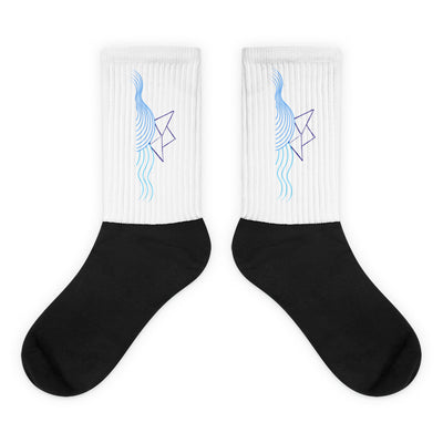 Pair of boat graphic crew socks: white ribbed leg, black foot, blue boat icon.