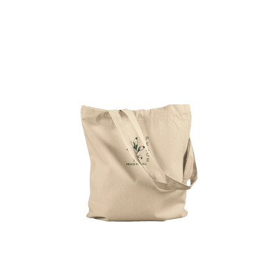 Natural canvas tote bag, relaxed fold-over view with Peace logo