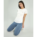 White women’s crewneck short-sleeve T-shirt with small chest graphic.