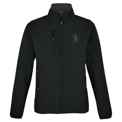 Women’s softshell zip jacket in black, front view with full zip and stand collar