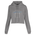 Dark gray heather cropped hoodie with hood, drawstrings, front pocket, and blue graphic print
