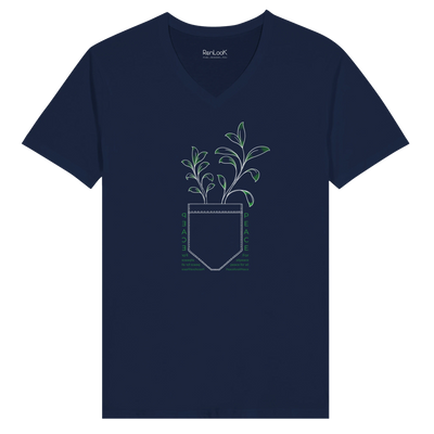 V-neck T-shirt, dark navy, centered leaf-and-shield graphic print