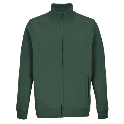 Unisex zip-front sweatshirt in bottle green with “LOVE” logo on chest