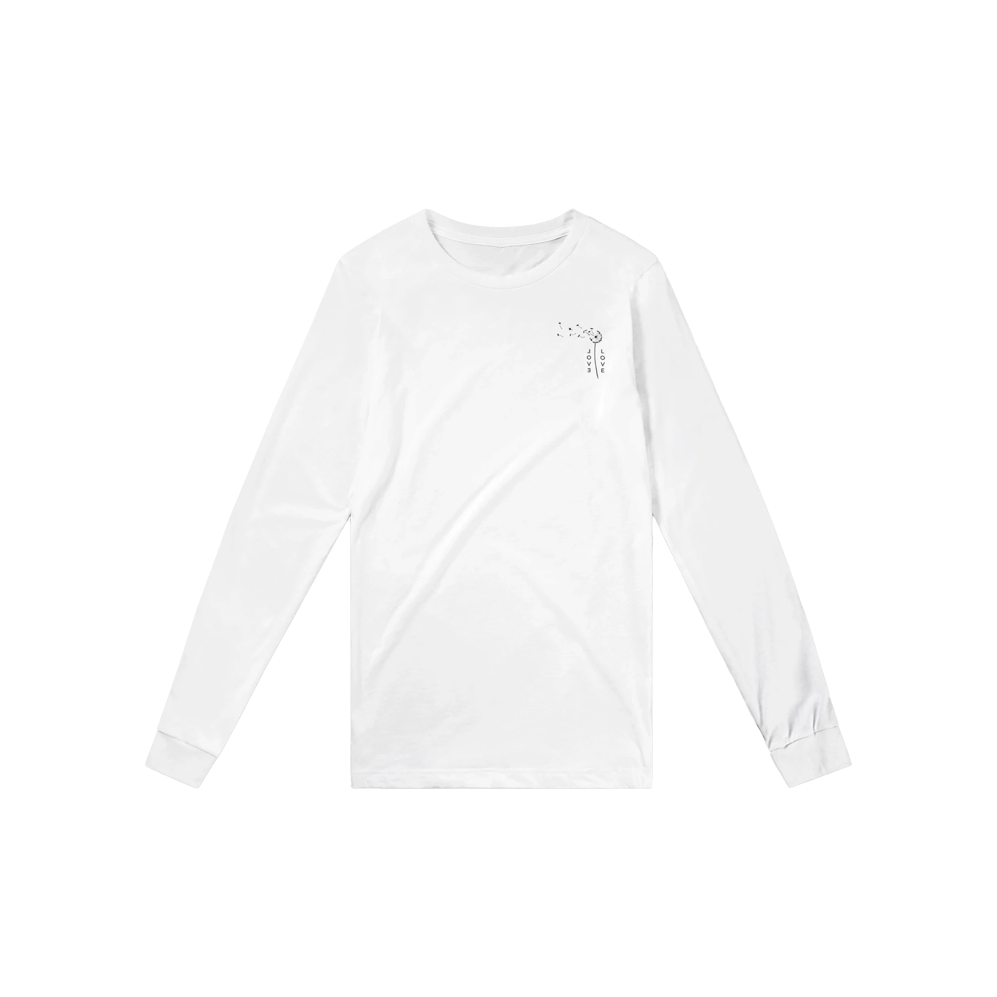 White unisex long-sleeve shirt with small chest graphic, crew neck